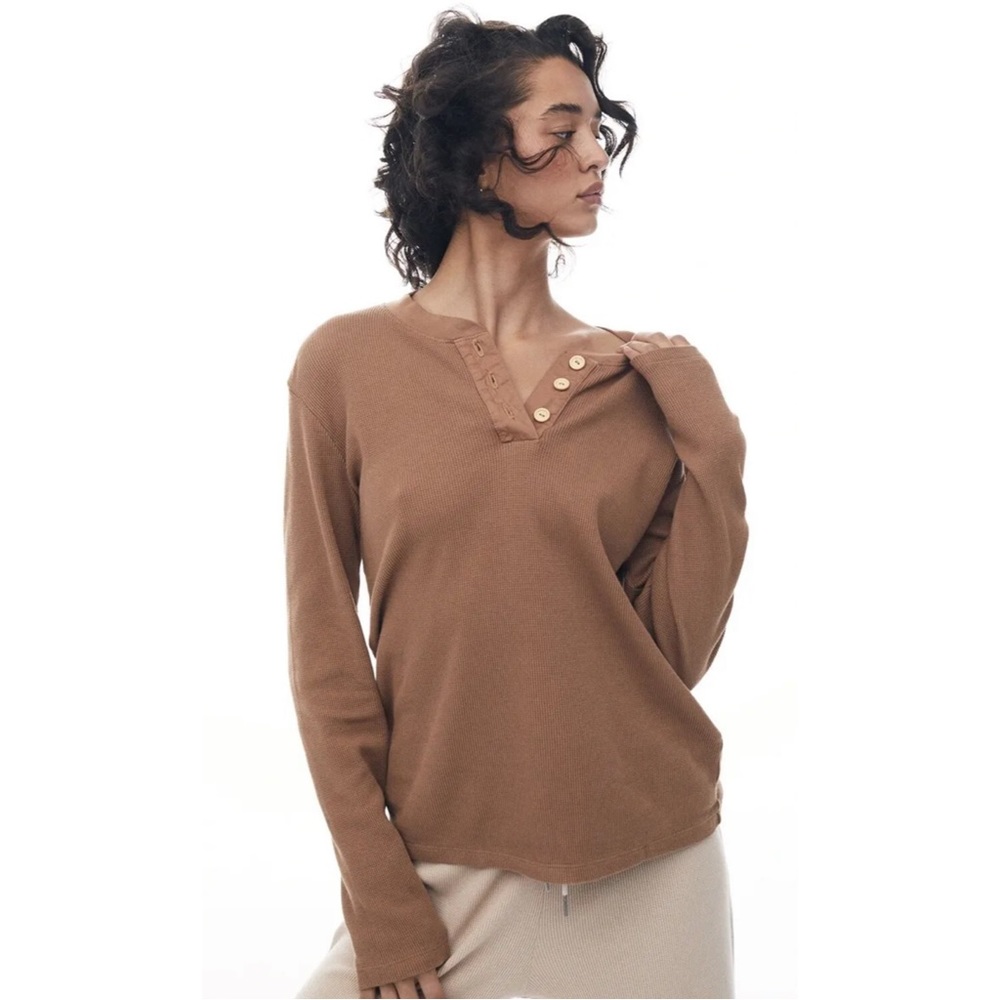 🔥CLEARANCE🔥 Mate the Label Organic Cotton Thermal Henley Top Long Sleeve Camel
